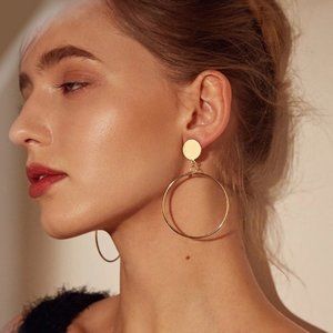 14K Yellow Gold Boho Dangle Disk Stud Hoop Earring